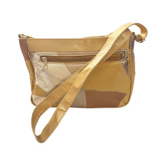 Lambskin Leather Shoulder Bag Patches Gold Bronze Metallic Crossbody Handbag EUC - Picture 3 of 10